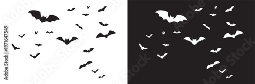 Enchanting Flight of Bats: A mesmerizing visual of bats soaring across the sky, with silhouette imagery, conveying mystery and nocturnal charm.