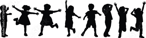Children silhouettes jumping, dancing, playing, happy kids, childhood joy, energetic poses, fun activity, group of children, playful energy, white background
