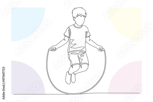 Continuous Line Drawing of a Young Boy Joyfully Jumping Rope, Minimalist Illustration for Children's Activities and Playful Designs