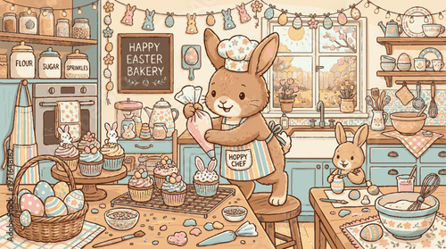 Easter bunny baker decorating eggs in kitchen with apron and chef hat