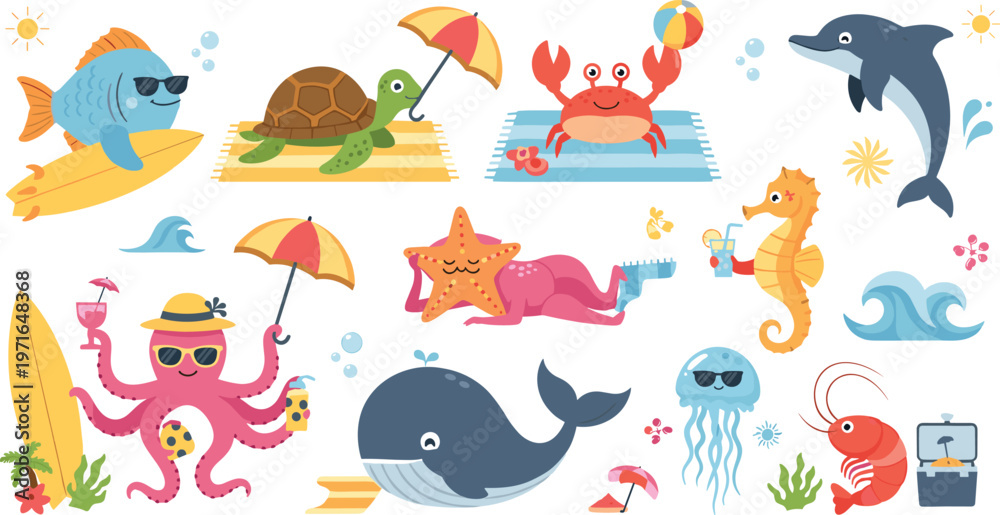 Fototapeta premium Fun Beach and Ocean Animals with Summer Activities like Surfing, Relaxing, and Playing with Umbrellas and Drinks
