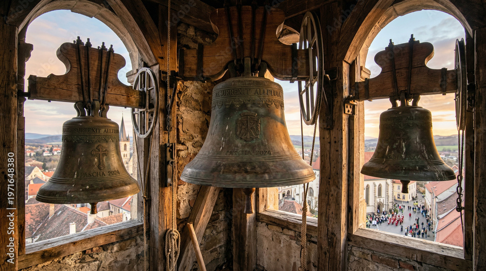 Fototapeta premium Church bells ringing in historic tower with city view at sunset 