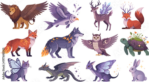 Fantasy Magical Animals Collection Featuring Lions, Foxes, Wolves, and Mythical Creatures in Enchanted Forest Style
