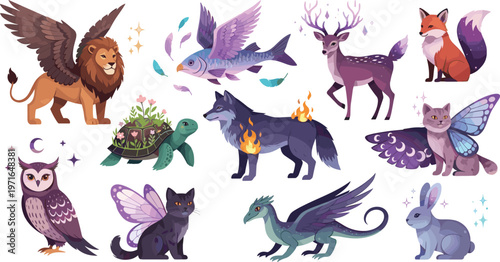 Magical Fantasy Animals Set Featuring Lions, Foxes, Deer, Owls, and Mythical Creatures in Enchanted Style