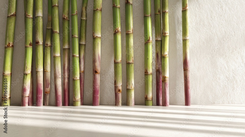 Obraz premium Closeup bamboo stalks against a textured wall with dramatic sunlight stripes for interior decor background and eco design