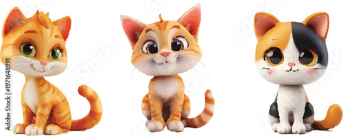 3d cartoon kitten character set – cute adorable orange tabby and calico cat illustrations for children and pet branding