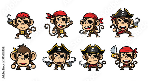 Cartoon pirate monkeys in various poses illustration