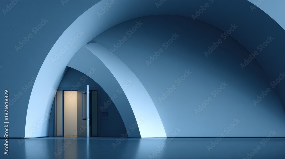 Fototapeta premium Minimal arched corridor with open door and warm interior light in blue space for background poster and architectural design
