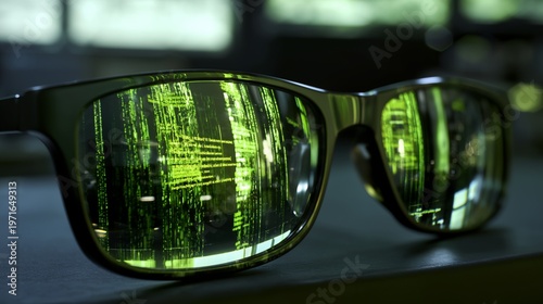 Framed eyeglasses reflect green cascading digital code