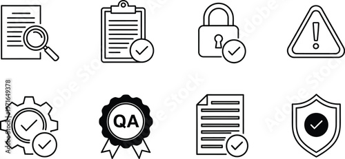 Collection of black and white line icons representing security quality control and documentation processes