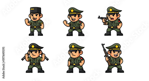 Soldier characters posing with weapons in various action scenes