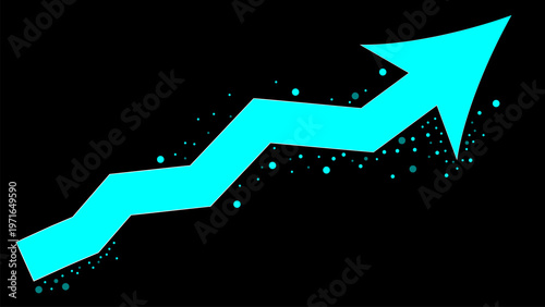 Cyan glowing upward arrow with sparkling particles indicating growth on black background.