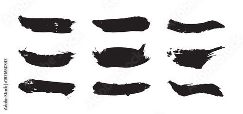 Set of vector black brush strokes for ink paint, grunge design element, mud banner, watercolor design, dirty texture. Isolated brush strokes on white background