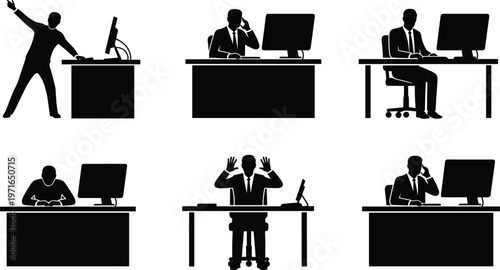 Office worker silhouette collection, desk computer posture artwork, workplace activity vector, business communication design, corporate job illustration composition