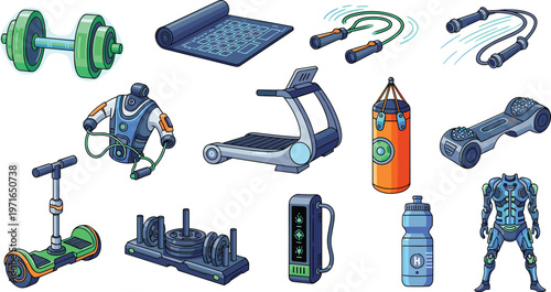 Fitness Gym Equipment Flat Icons Set with Treadmill Dumbbell Punching Bag and Workout Gear