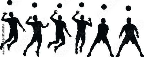 Volleyball action silhouette collection, athlete outline figure, sports motif illustration, serve icon art, spike design graphic, dynamic posture symbol image
