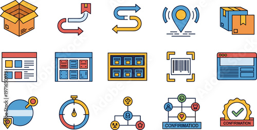 Logistics Delivery Flat Icons Set with Shipping Tracking Barcode Warehouse and Confirmation Elements