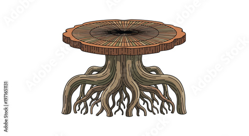 A whimsical table illustration with a tree root base and circular tabletop