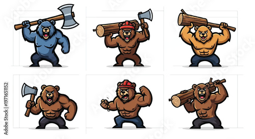 Cartoon lumberjack bears with axes and logs in various poses vector illustration