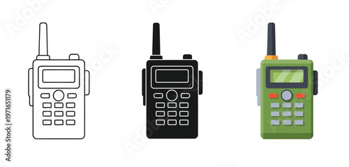 Set of walkie talkie icons in different styles, outline, silhouette and flat color vector illustration