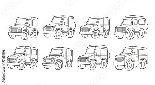 Line art illustration of eight identical cartoon off road vehicles in a repeating pattern on a white background