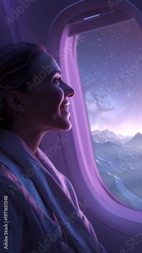 Woman smiling while looking out of airplane window at night sky  
