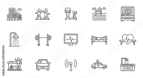 Collection of minimalist line icons depicting various aspects of city life and emergency services