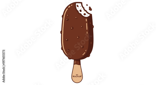 A partially eaten chocolate covered ice cream bar with a wooden stick