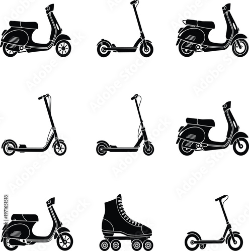 Black and white of various types of bicycles and tricycles tandem bicycle racing bicycle desi