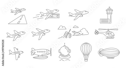 A collection of aviation themed line art illustrations depicting various aircraft and related elements in a minimalist style