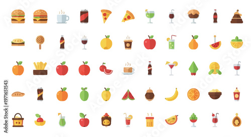 Colorful flat design icons depicting a variety of foods and beverages