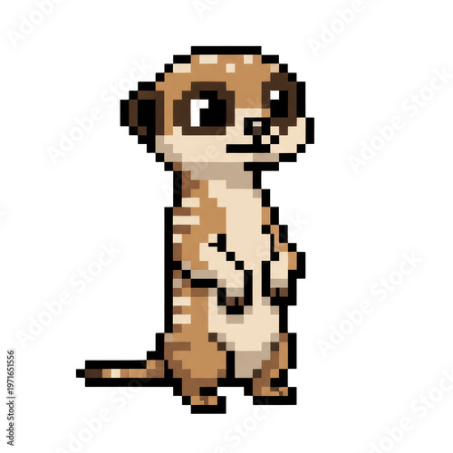 A cute, meticulously detailed meerkat character sprite rendered in 8-bit pixel art, standing rigidly alert on a pristine transparent background, presenting a collectible game asset concept