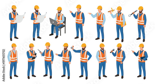 Isometric construction workers in various poses and with different tools