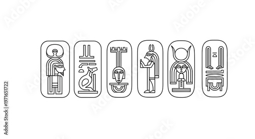 Ancient egyptian hieroglyphs a series of black and white cartouches depicting gods and symbols