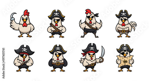 Cartoon pirate chickens set with various poses and accessories