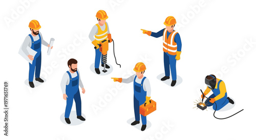 Isometric illustration depicting construction workers engaged in various tasks