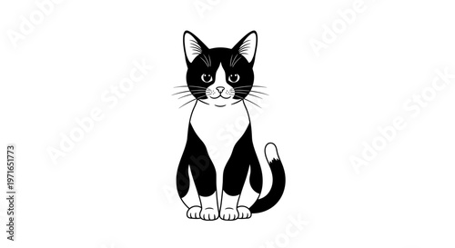 A charming black and white cat illustration sits upright gazing forward with a sweet and gentle expression