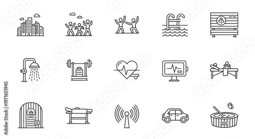 Collection of minimalist line icons representing various aspects of modern life and well being