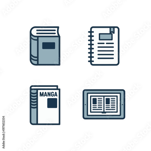Book, Notebook, Manga and Ebook Icons Set – Education and Reading Vector Illustration