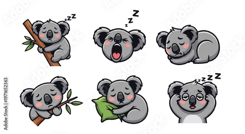Cartoon koala set sleepy relaxed funny characters vector illustration