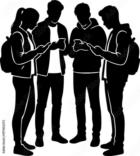 Group of People Using Smartphones Together Silhouette, Social Media Addiction and Digital Disconnection Concept