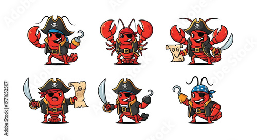 Cartoon lobster pirates with eye patches and swords set