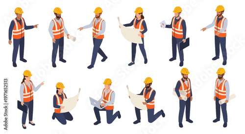 Isometric illustration of construction workers in various poses and actions