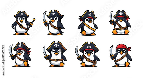 Cartoon penguins in pirate costumes posing with weapons vector illustration