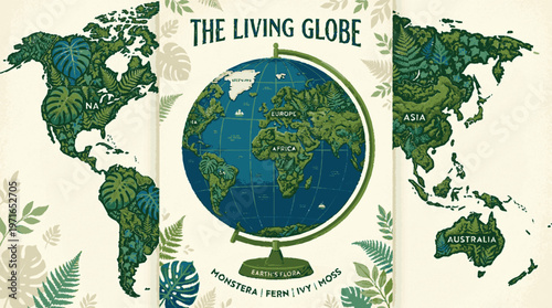 The living globe with green continents and blue oceans surrounded by tropical leaves on beige background