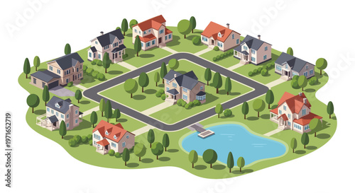 Isometric illustration of a colorful suburban neighborhood with houses and a pond