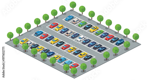 Isometric illustration of a busy parking lot with various colored cars