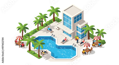 Isometric illustration of a modern resort with a swimming pool and palm trees