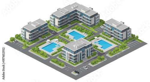 Isometric illustration of a modern residential complex with swimming pools
