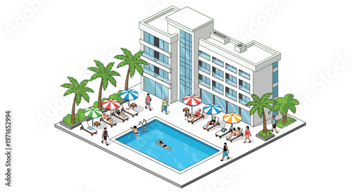 Isometric illustration of a hotel with a pool and surrounding recreational area